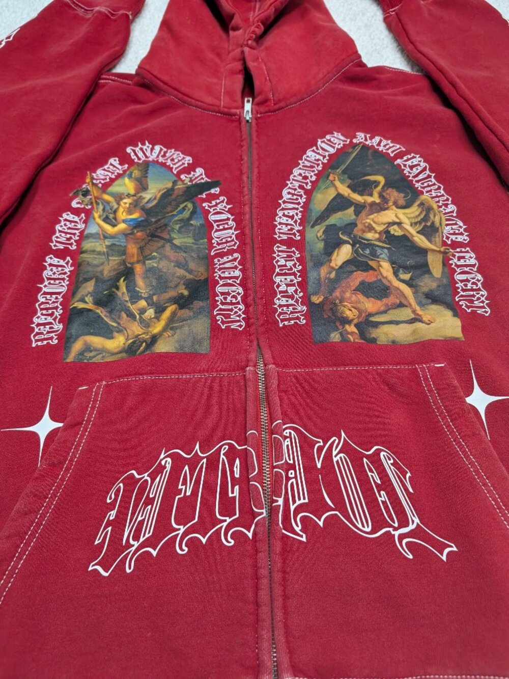 Vitriol Red Distressed Zip Hoodie XL Gothic Angel Graphic Streetwear